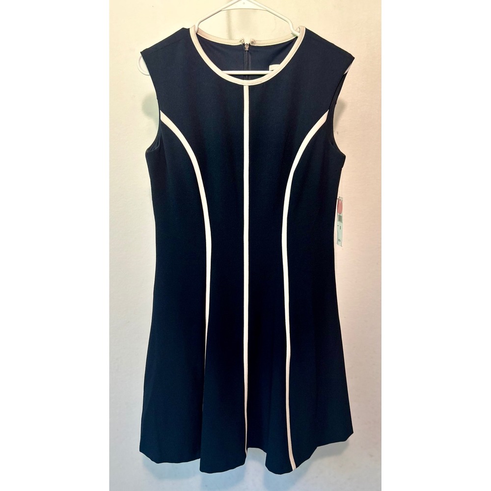 Studio One New York Womens Navy Blue White Piping Fit Flare Career Dress Size 8